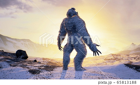 Sasquatch in the snowy mountains on a beautiful fog winter morning. Bigfoot in the mountains. Illustration for fabulous, fiction or fantasy backgrounds. 3D Rendering. 65813188