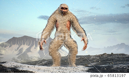 Bigfoot in the snowy mountains on a beautiful winter morning. Yeti in the mountains. Illustration for fabulous, fiction or fantasy backgrounds. 3D Rendering. 65813197