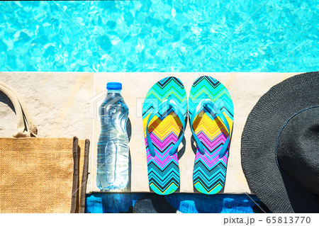 Travel holiday suntan vacation concept. Flat lay, top view, close up. 65813770