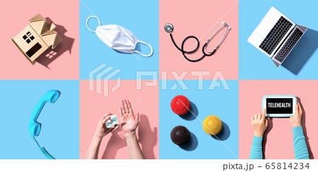 Telehealth theme flatlay with overhead tiles Telehealth theme flatlay with overhead tiles 65814234