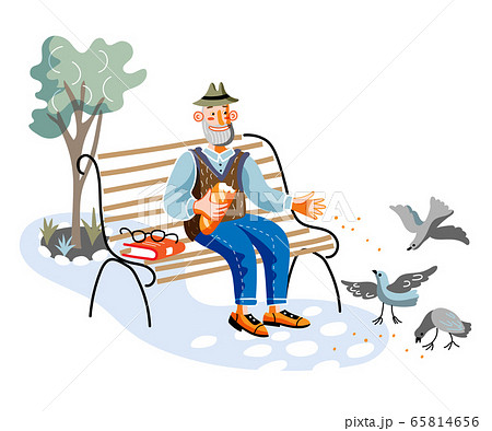 Old man feeding birds flat vector illustration. Aged person, retiree sitting on bench in park cartoon character. Grandfather resting in park, fresh air recreation. Leisure activity, retirement concept 65814656