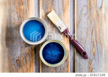 Wooden Box with Brush, and Open Cans of Blue Paint 65817106