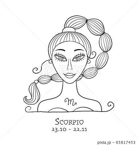 Illustration of Scorpio zodiac sign. Element of Water. Beautiful Girl Portrait. One of 12 Women in Collection For Your Design of Astrology Calendar, Horoscope, Print. Coloring page 65817453