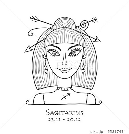 Illustration of Sagittarius zodiac sign. Element of Fire. Beautiful Girl Portrait. One of 12 Women in Collection For Your Design of Astrology Calendar, Horoscope, Print. Coloring Page 65817454