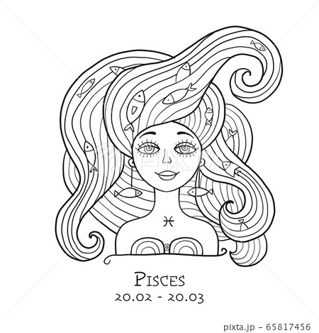 Illustration of Pisces zodiac sign. Element of Water. Beautiful Girl Portrait. One of 12 Women in Collection For Your Design of Astrology Calendar, Horoscope, Print. Coloring page 65817456