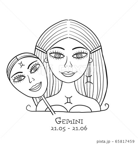 Illustration of Gemini zodiac sign. Element of Air. Beautiful Girl Portrait. One of 12 Women in Collection For Your Design of Astrology Calendar, Horoscope, Print. Coloring Page 65817459