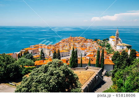 Panoramic view of Piran old town and Adriatic sea with St. George's Parish Church in Slovenia 65818606