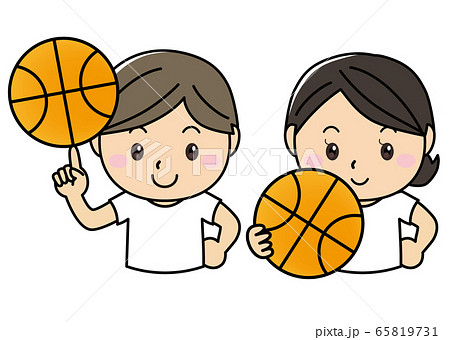 男女01 03 スポーツ バスケ バスケットボールをもって笑う男女ペア のイラスト素材