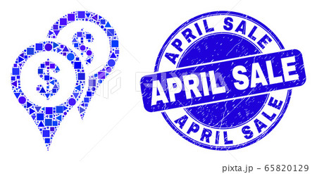 Blue Grunge April Sale Stamp Seal and Bank Map Markers Mosaic 65820129