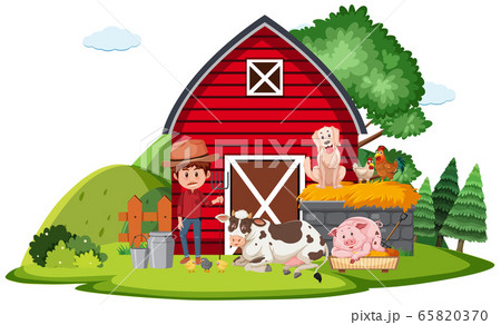Farm Scene With Farmer And Animals On The Farmのイラスト素材