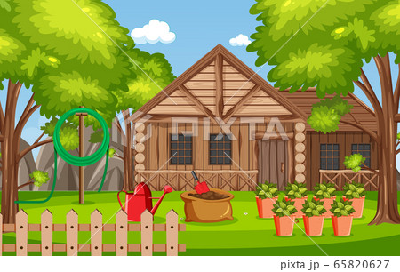 Background scene with wooden house in the woods 65820627