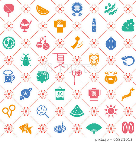 日本の夏アイコン シームレスパターン背景のイラスト素材