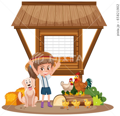 Little girl and chicken coop on white background Little girl and chicken coop on white background 65821902