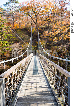 七ツ岩吊橋と紅葉風景 塩原渓谷の秋 栃木県那須塩原市 19年11月撮影の写真素材