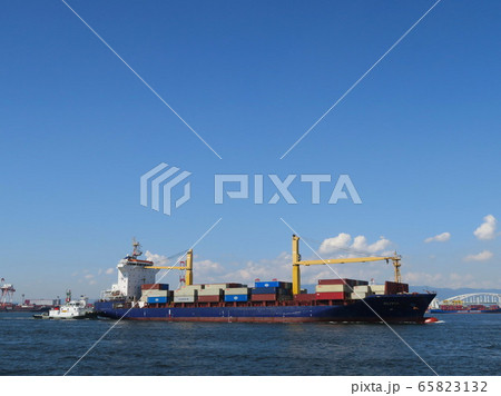 シーサイドコスモ（コスモスクエア海浜緑地）から見た大阪港　貨物船の入港風景 65823132