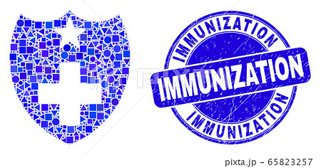Blue Grunge Immunization Stamp Seal and Medical Shield Mosaic 65823257