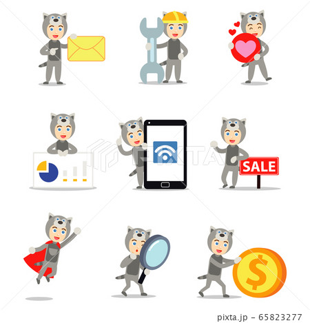 Set character of man in a raccoon suit with cheerful face. Set character of man in a raccoon suit with cheerful face. 65823277