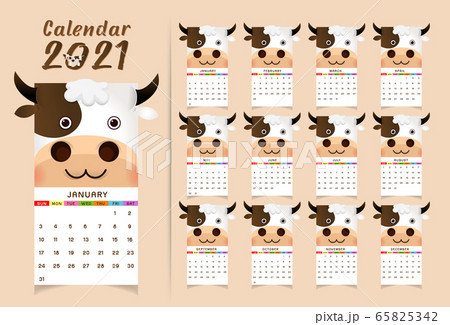 Calendar 2021 of Cute cow Vector illustration 65825342