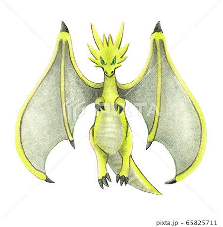 正面を向いて飛んでいる黄色のドラゴンのイラスト素材