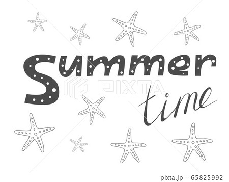 Hand drawn black text Summer time with starfish. Summer holiday vector illustration on a white background Hand drawn black text Summer time with starfish. Summer holiday vector illustration on a white background 65825992