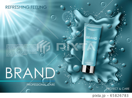 Realistic face cosmetic moisture serum ads. Cosmetic cleansing product with splash background with drops. Skincare Facial Cream For your design. 3d Vector illustration Realistic face cosmetic moisture serum ads. Cosmetic cleansing product with splash background with drops. Skincare Facial Cream For your design. 3d Vector illustration 65826783