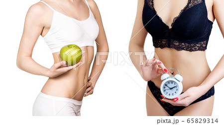 Collage of woman holds clock and woman with apple. Collage of woman holds clock and woman with apple. 65829314
