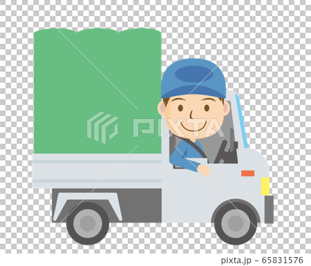 働く車と人物のイラスト｜軽トラックと笑顔のドライバーの男性｜物流運輸配達引越し 65831576