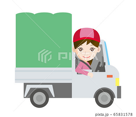 働く車と人物のイラスト 軽トラックと笑顔のドライバーの女性 物流運輸配達引越しのイラスト素材