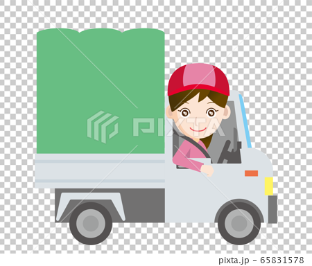 働く車と人物のイラスト 軽トラックと笑顔のドライバーの女性 物流運輸配達引越しのイラスト素材
