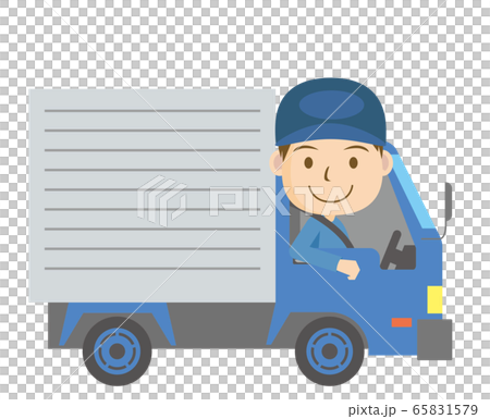 働く車と人物のイラスト｜トラックと笑顔のドライバーの男性｜物流運輸配達引越し 65831579