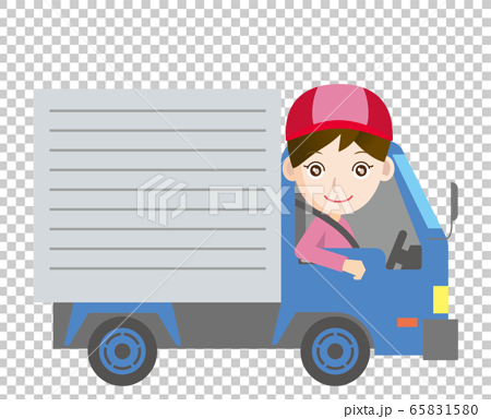 働く車と人物のイラスト トラックと笑顔のドライバーの女性 物流運輸配達引越しのイラスト素材