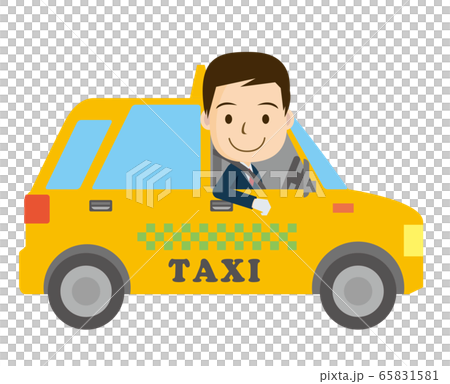 働く車と人物のイラスト タクシーと笑顔のドライバーの男性のイラスト素材