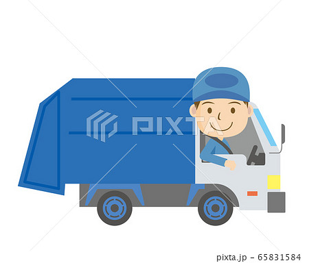 働く車と人物のイラスト ゴミ収集車と笑顔のドライバーの男性 行政自治体のイラスト素材