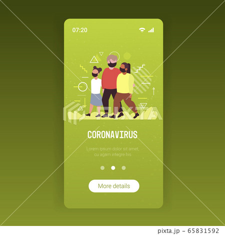 parents with daughter walking outdoors family wearing medical masks to prevent coronavirus pandemic 65831592