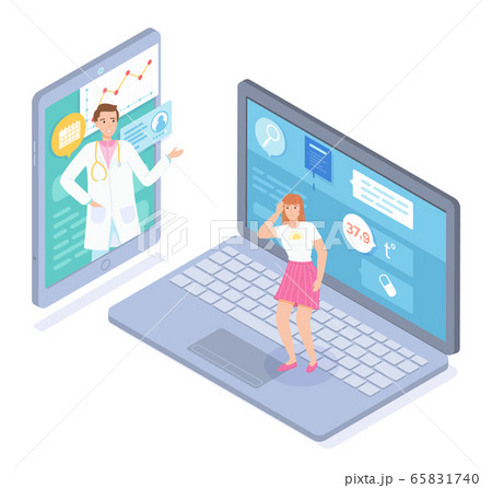 Isometric illustration online cosultation with doctor through laptop and mobile app, online medicine 65831740