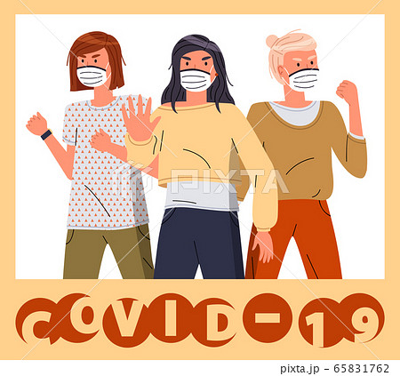 Group of women show stop gesture to covid-19, wearing respiratory masks, world virus pandemic 65831762