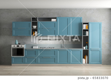 3d rendering of blue kitchen cabinet interior 65833070