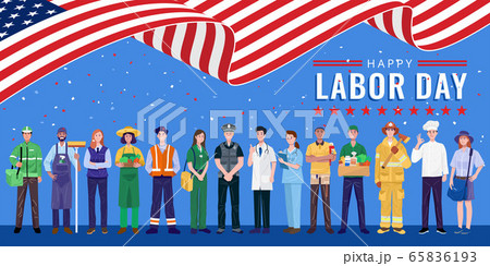 Happy Labor Day. Various occupations people standing with American flag. Vector 65836193