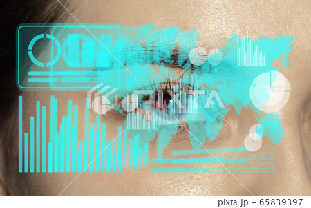 Interface modern technology and digital layer effect in front of close up human eye full of sadness as business, finance crisis, economics recession, unemployment concept Interface modern technology and digital layer effect in front of close up human eye full of sadness as business, finance crisis, economics recession, unemployment concept 65839397