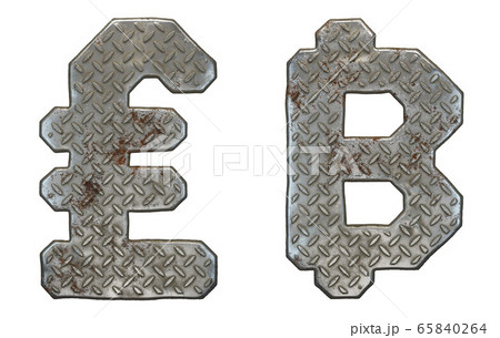 Set of symbols lira and baht made of industrial metal on white background 3d 65840264