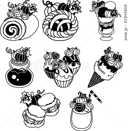 かぼちゃのロールケーキとパイとパフェとシュークリームとジャムとカップケーキとアイスクリームとジュースのイラスト素材