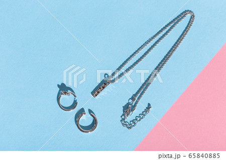 Perfect accessories. Trendy jewelry set. Fashion jewelry and bijouterie. Top view. 65840885