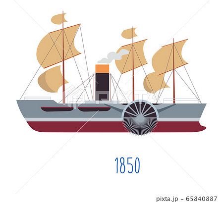 Steam boat with sails and tube with smoke 65840887