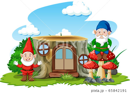 Gnomes standing beside stump house cartoon Gnomes standing beside stump house cartoon 65842191
