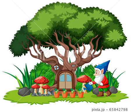 Gnome watering plants in the garden on white 65842798