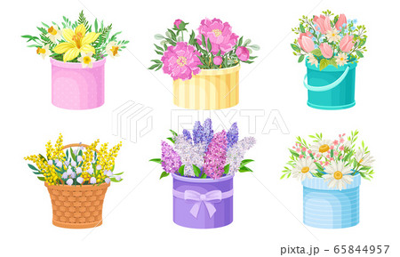 Flower Bouquets and Bunches Rested in Basket and Carton Gift Box Vector Set Flower Bouquets and Bunches Rested in Basket and Carton Gift Box Vector Set 65844957