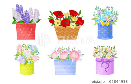 Flower Bouquets and Bunches Rested in Basket and Carton Gift Box Vector Set Flower Bouquets and Bunches Rested in Basket and Carton Gift Box Vector Set 65844958
