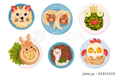Breakfast Plating with Food Arranged in Childish Animal Shapes Vector Set Breakfast Plating with Food Arranged in Childish Animal Shapes Vector Set 65845028