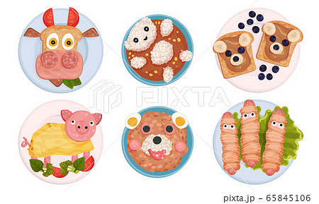 Breakfast Plating with Food Arranged in Childish Animal Shapes Vector Set 65845106