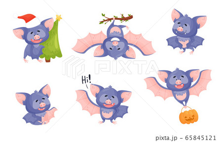 Funny Bat with Membranous Wings Flying and Carrying Fir Tree Vector Set 65845121